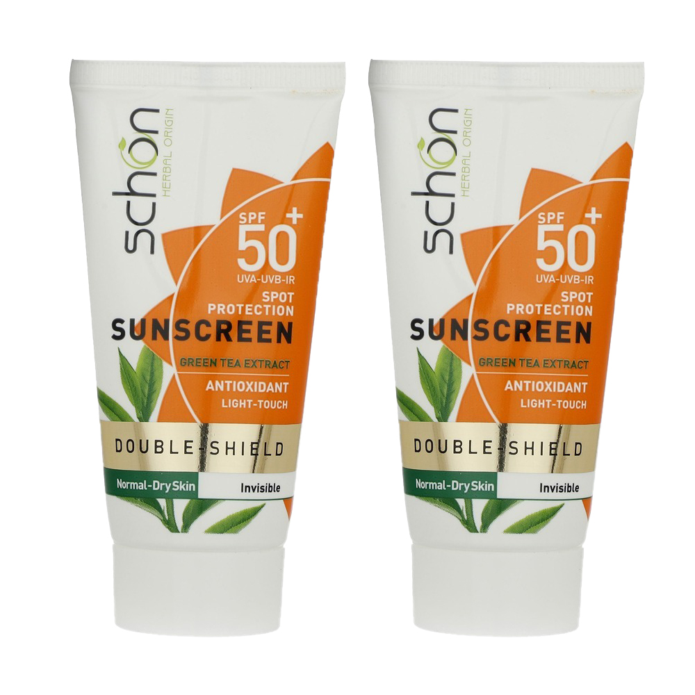 کرم ضد آفتاب بدون رنگ شون spf50 مدل دابل شیلد مناسب انواع پوست حجم 50 میلی‌لیتر بسته دو عددی