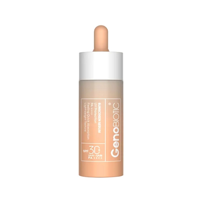 سرم ضد آفتاب بدون رنگ ژنوبایوتیک spf30 مدل ویتامین سی محافظ UVA،UVB مناسب برای انواع پوست حجم 30 میلی لیتر