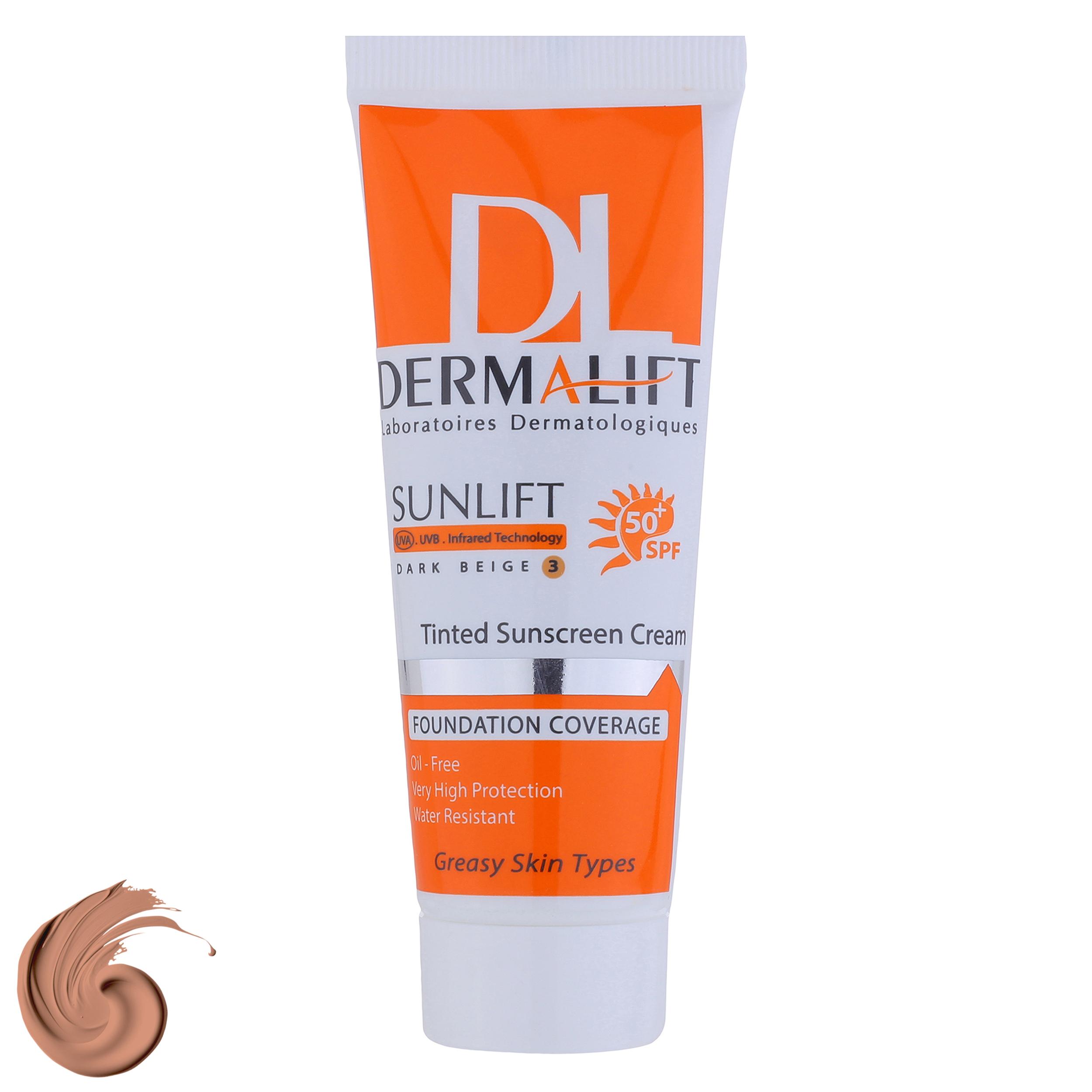 کرم ضد آفتاب رنگی درمالیفت مدل سانلیفت SPF 50 حاوی محافظ UVA و UVB، ضد آب، ضد پیری، ضد جوش و آکنه، مناسب پوست‌ چرب حجم 40 میلی‌لیتر ‌