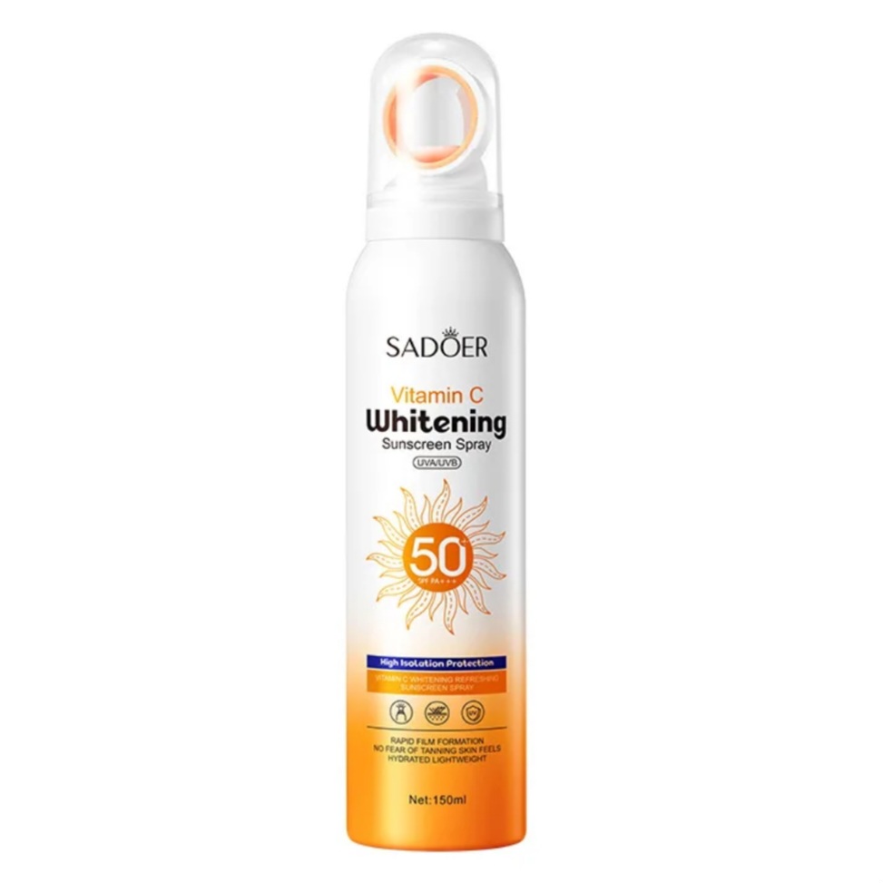 اسپری ضد آفتاب بدون رنگ سادور SPF 50 مدل ویتامین سی محافظ UVA ، UVB و +++PA مناسب برای انواع پوست حجم 150 میلی لیتر