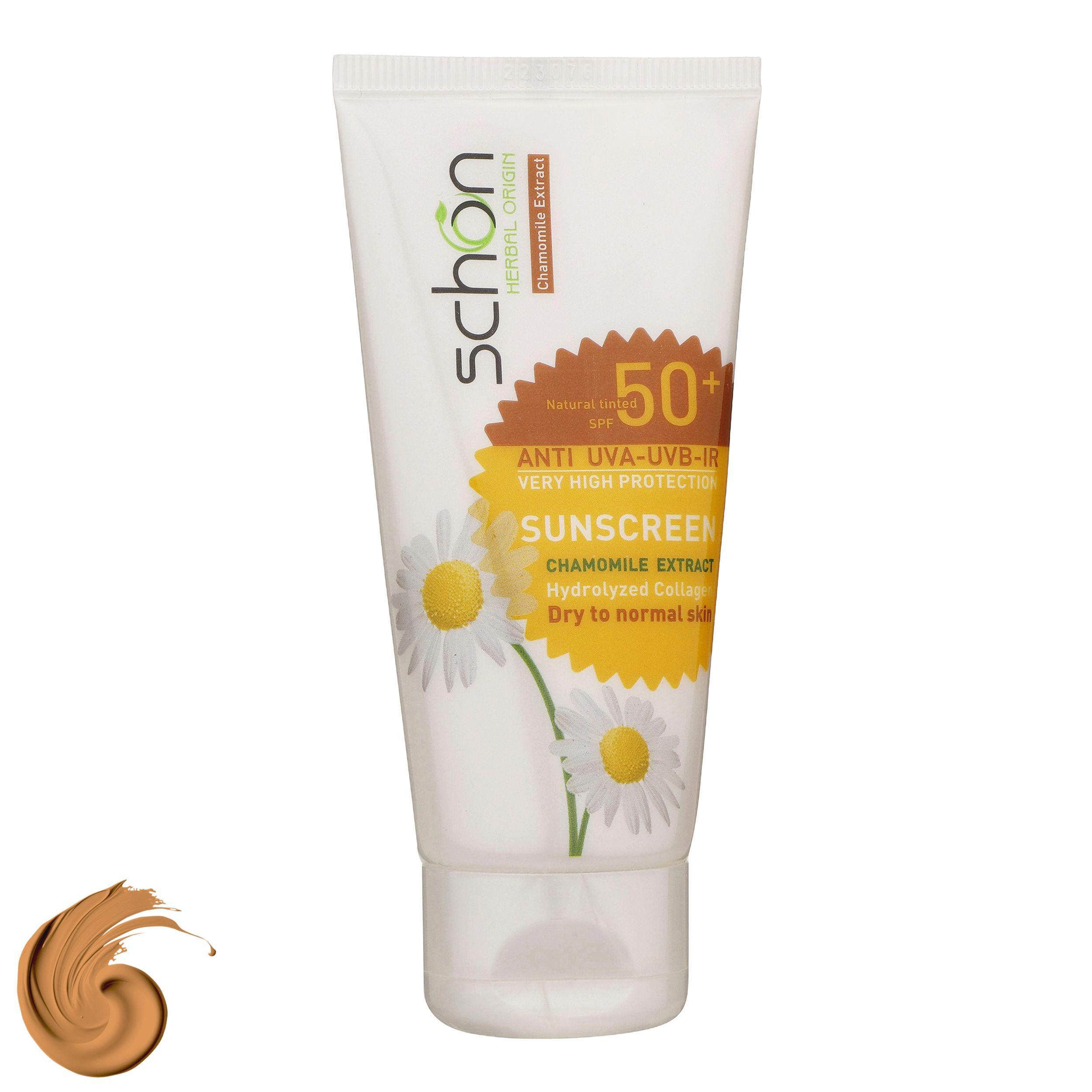 کرم ضد آفتاب رنگی شون، 50 SPF، مدل Herbal Origin، مناسب پوست خشک تا نرمال تنالیته رنگ متوسط و حجم 50 میلی‌لیتر، محافظت کننده در برابر اشعه UVA، UVB، IR، بافت سبک و فاقد چربی، بدون ایجاد سفیدی، آبرسان، ضد التهاب و قرمزی، نرم کننده، با ماندگاری 2 ساعته