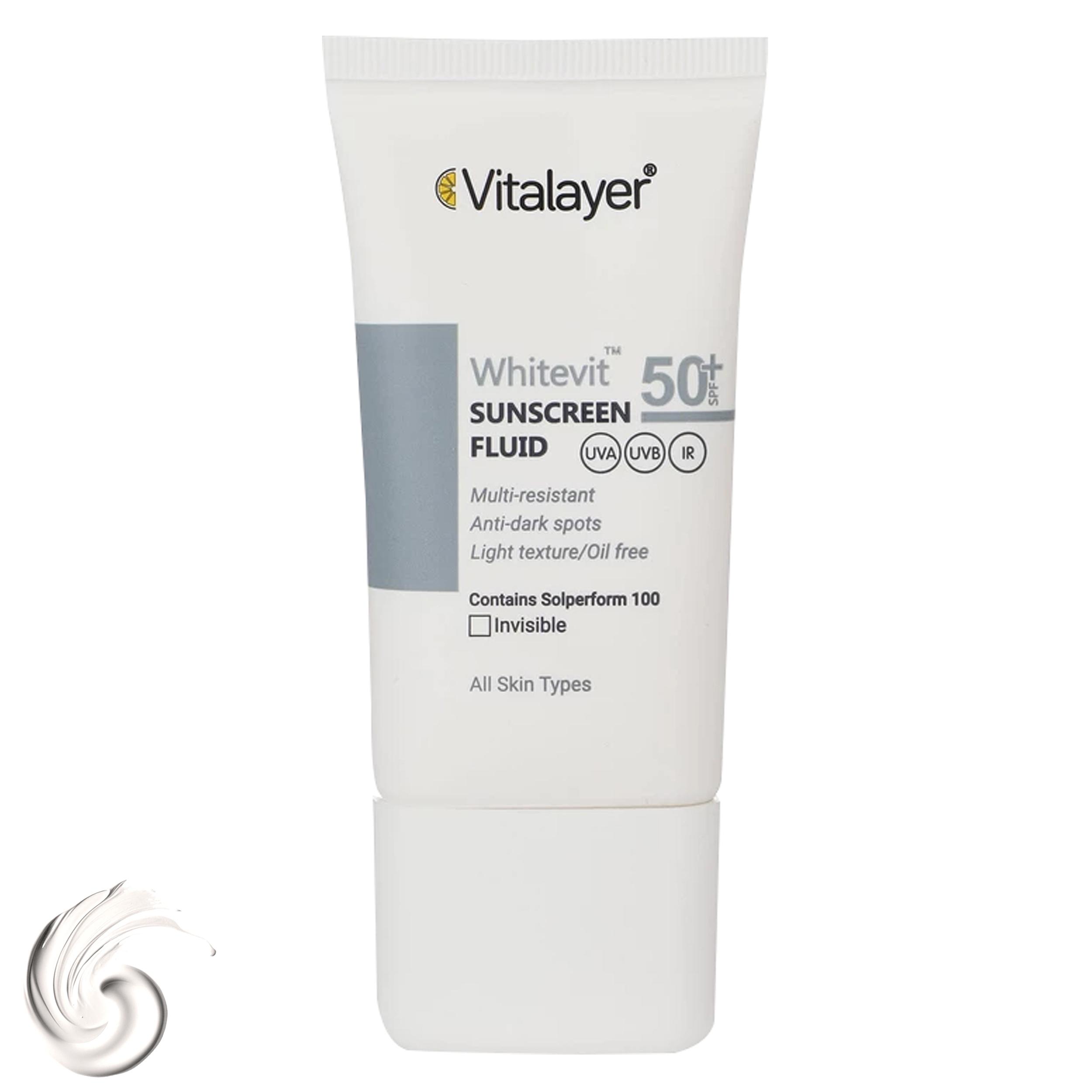 فلوئید ضدآفتاب بی‌رنگ ویتالیر SPF50 مدل Whitevit مناسب انواع پوست، حجم 50 میلی‌لیتر