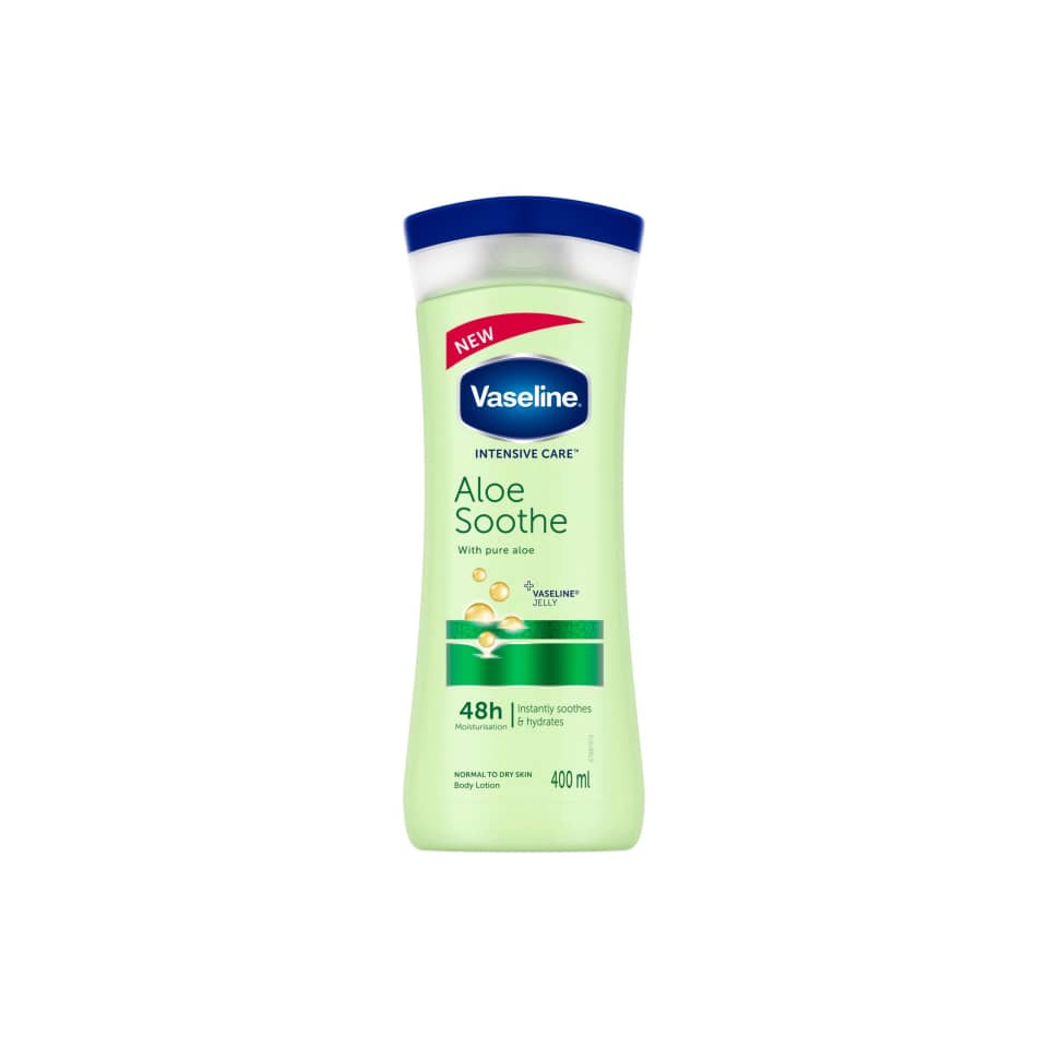 لوسیون نرم‌کننده بدن وازلین مدل Aloe Soothe حجم 400 میلی‌لیتر حاوی آلوئه ورا و ویتامین E با ماندگاری رطوبت تا 48 ساعت و مناسب پس از استحمام